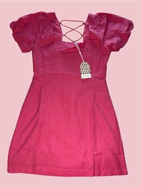 Beyond Words Pink Square Neck Puff Sleeve Dress with Criss Cross Back Detail